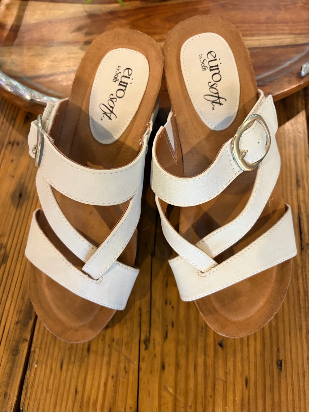 Euro Soft by Siffit White Leather Crisscross Wedge Sandals